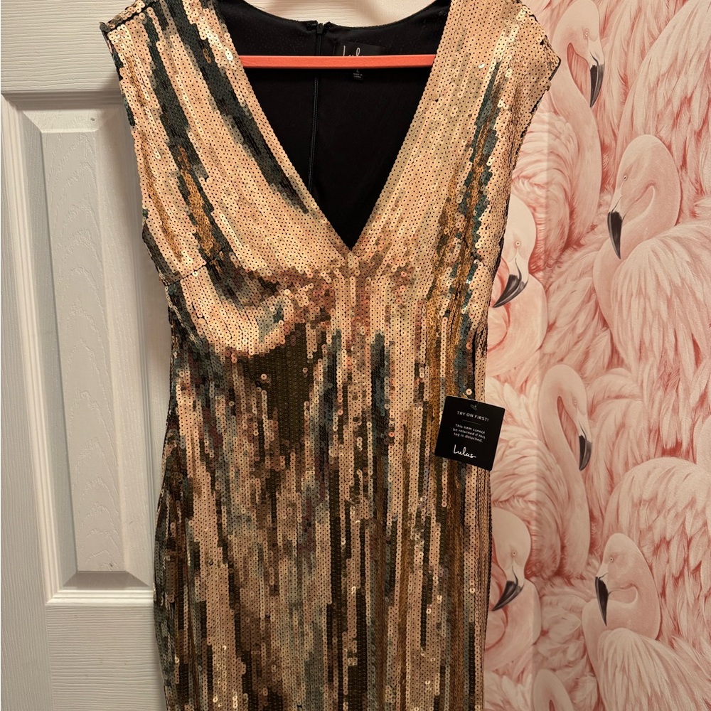 Lulu's Gold and Black Sequin V-Neck Dress
